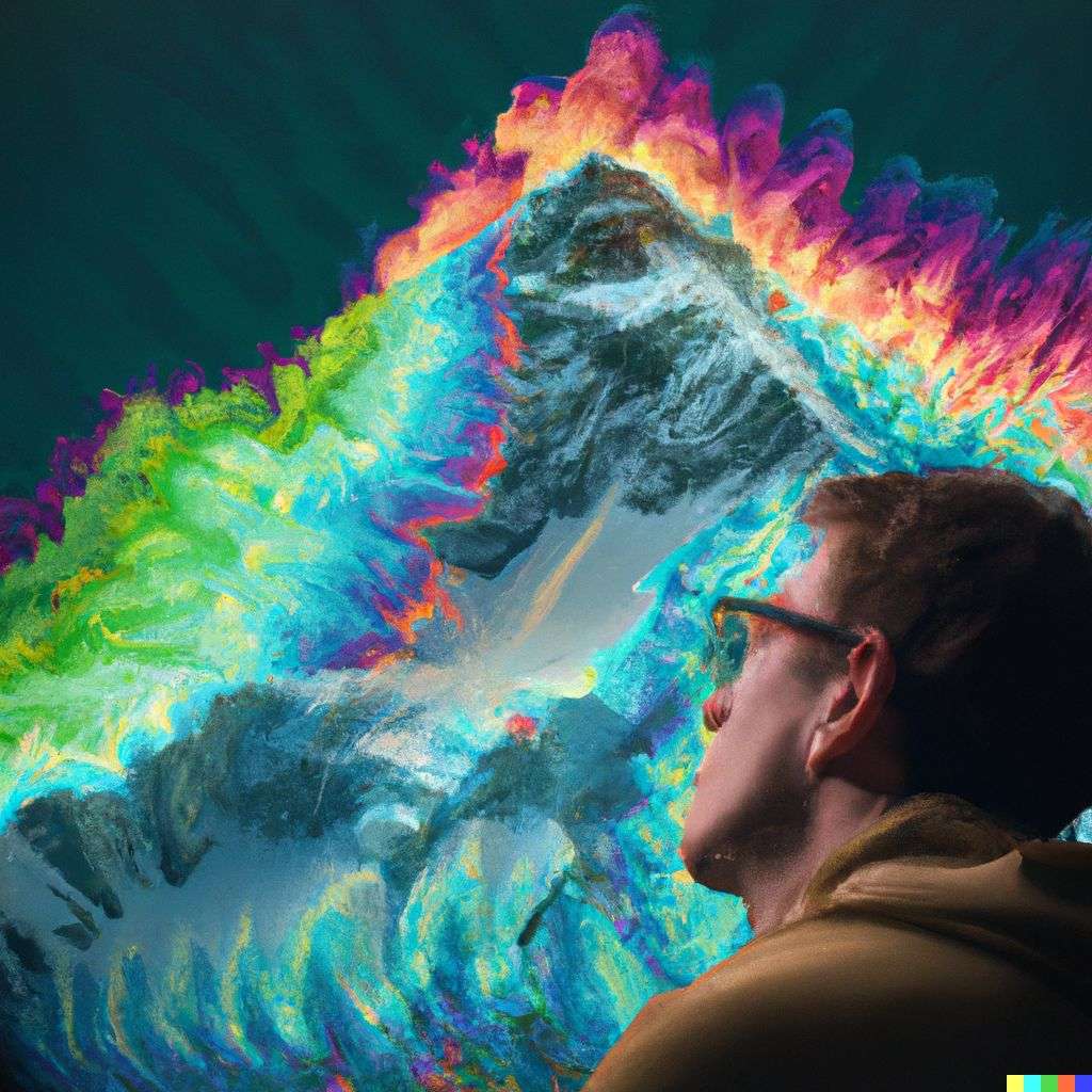 someone gazing at Mount Everest made of very detailed curling wispy glowing multicolored smoke, digital art, volumetric, 3D render, Octane render